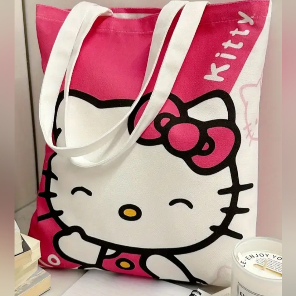 NEW Hello Kitty Barbiecore Pink White Animal Print Cat Tote Canvas Bag-(#1,407)